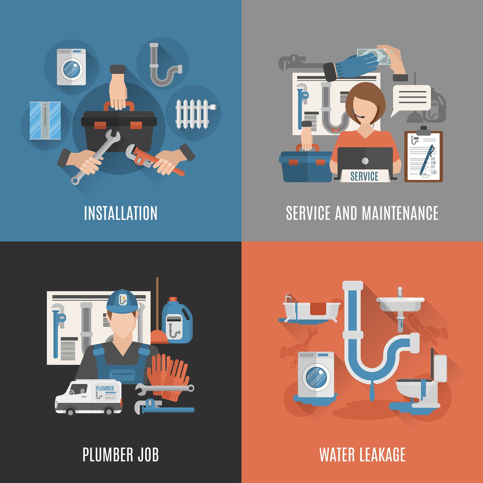 Plumbing service 4 flat icons square