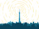 Radio transmitter. Tower with tv signal transmitter. City with buildings and skyscrapers on background. Flat style line vector illustration. Business city center with modern houses an radio tower.